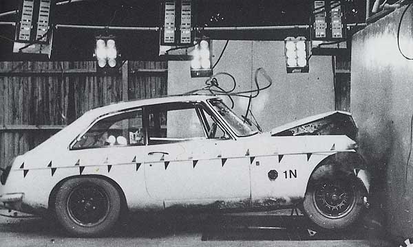 30mph barrier testing of the MGB GT V8 model. (Note the distinctive V8 wheels.)