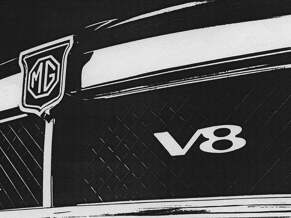 stylized V8 badge on the MGB grille