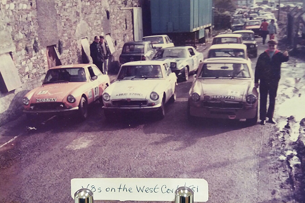 MGB GT V8 prototypes - numbers 104, 102, and 97 - at the Cheltenham Stages Rally, July 1975.