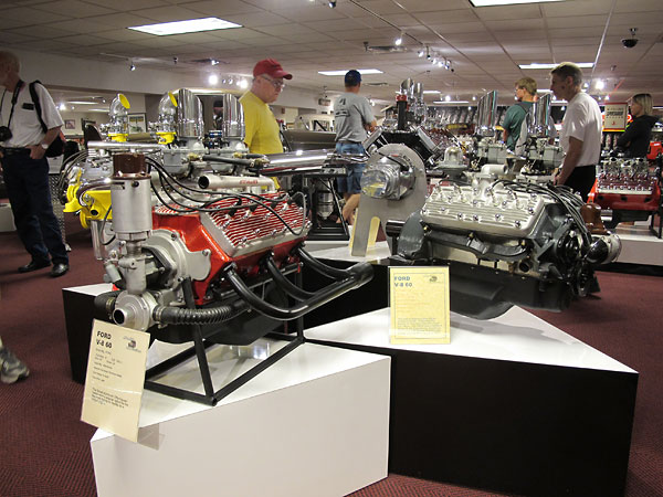 Two Ford V8-60 engines. On the left: Offenhauser heads. On the right: Eddie Meyer heads.