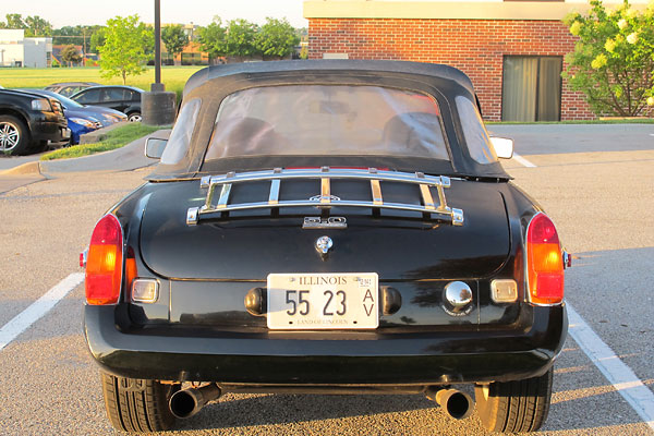 The MGB fuel tank has been shifted to the center to make room for dual exhaust.