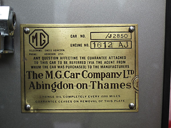 The M.G. Car Company Ltd. Car No. /J2850, Engine No. 1612 AJ