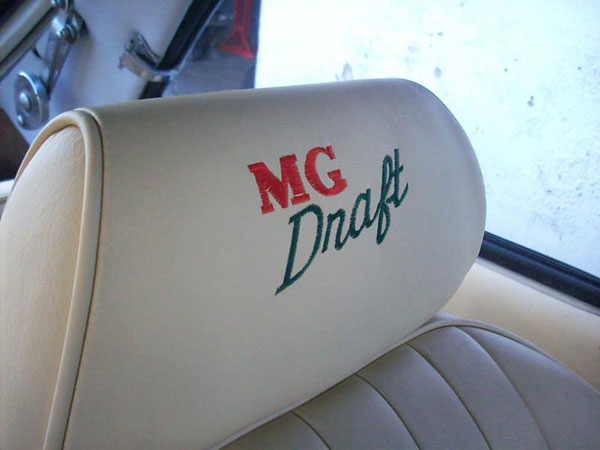 MG Draft custom upholstered onto the headrest.