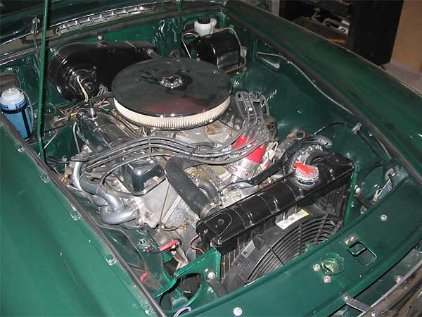 Completed engine installation with Mustang radiator shown.