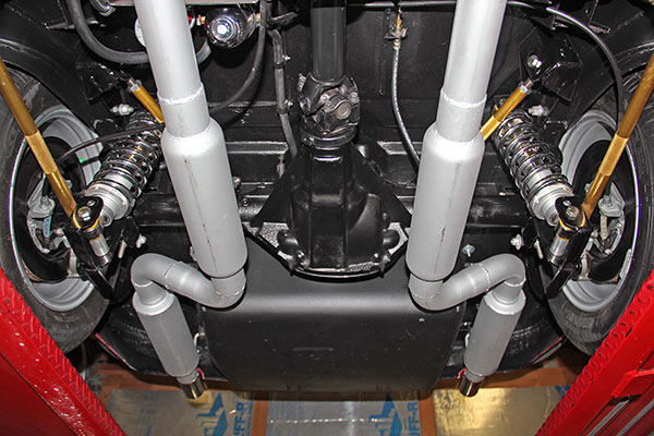 Jones Exhaust mufflers: one glass pack and one straight through truck muffler on each side.