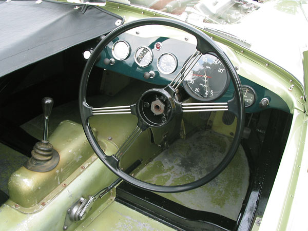 A stock MGA steering wheel was utilized, albeit with the center removed.