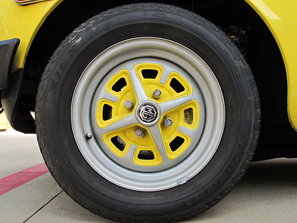 Front wheels are stock MGB Rostyle type with 185x60R14 Falken tires (130mph rated).