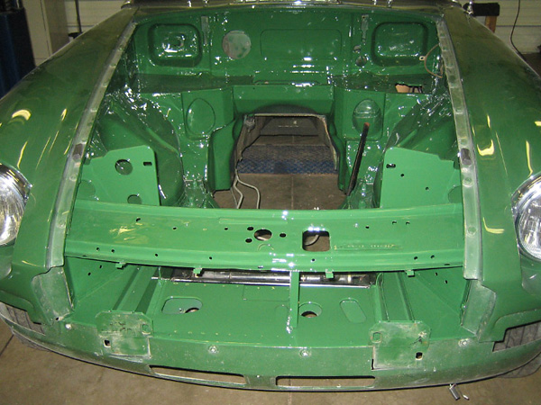 1977 MGB engine compartment, firewall, and radiator supports.
