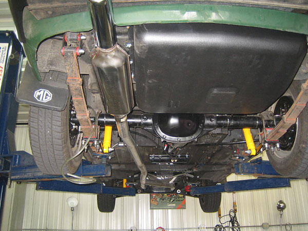 Chevy 10-bolt rear axle. Single exhaust, with one Hushpower muffler.