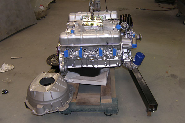 Buick's classic all-aluminum 215 engine, with a modern aftermarket transmission bellhousing.