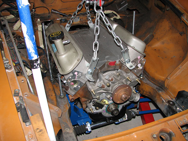 First trial installation of Rob's Ford 302 V8 on the motor mounts Fast Cars installed on their front suspension crossmember.