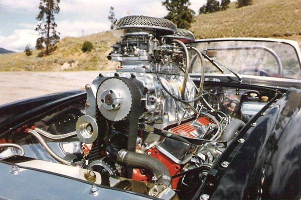 Chevy 350 with a Littlefield 6/71 Supercharger and twin Carter carburetors.