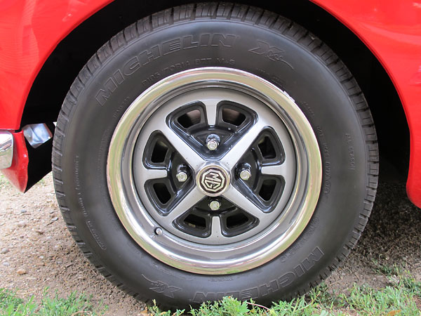 Stock Rostyle 14 x 5.5 steel wheels.