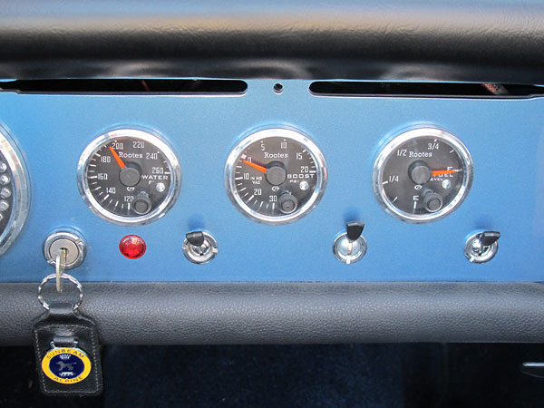 Speedhut Revolution water temperature, turbo boost, and fuel level gauges.