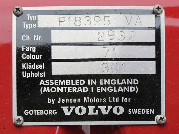 Assembled in England (Monterad I England) by Jensen Motors Ltd. for Volvo, Goteborg, Sweden.