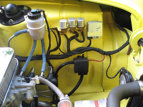 Brake fluid reservoir and various electrical relays.