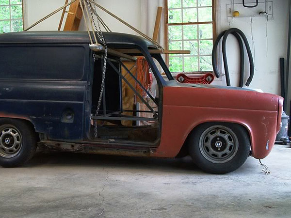 Setting the Thames panel van body on the modified BMW 2002 chassis.