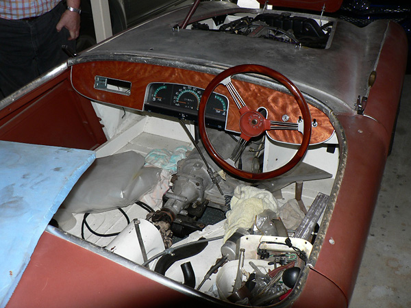 A temporary wooden dashboard incorporating the Holden instrument cluster.