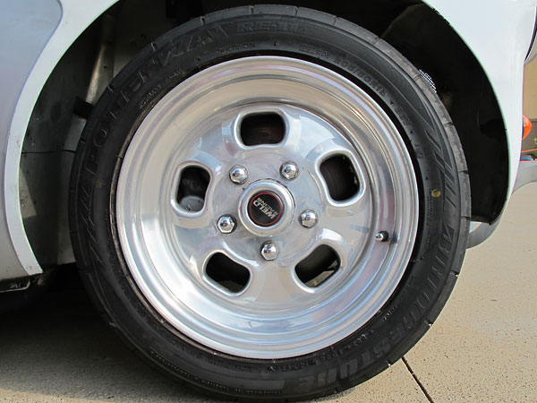 Weld Racing Rodlite 15 inch aluminum wheels. Bridgestone Potenza RE-11 205/50R15 front tires.