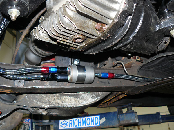 Chevy Cobalt fuel filter mounted on TR-6 framerail.