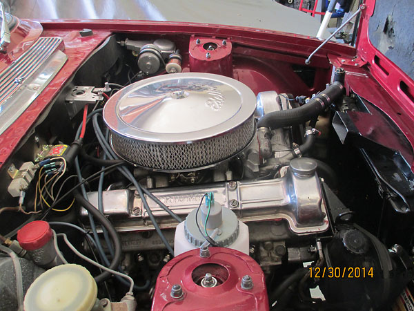 Triumph 3.0L V8 engine updated with Edelbrock 500cfm four barrel carburetor.