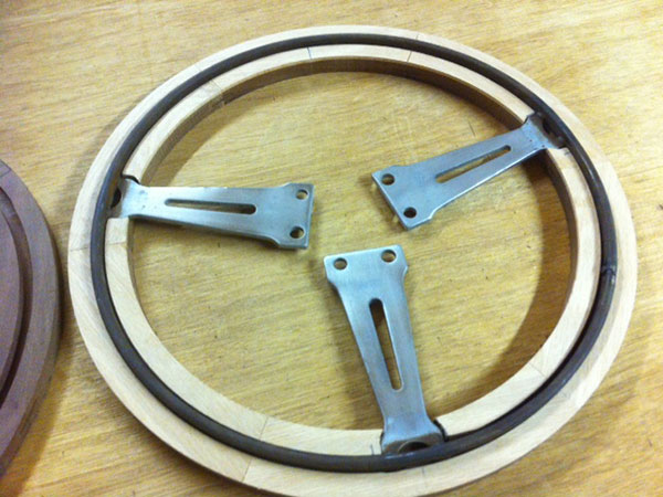 Building the custom walnut and oak steering wheel.