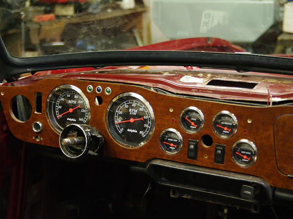 Custom cherry dashboard made to order by Dave Renner of Sinner Performance.
