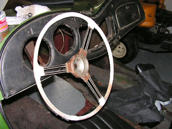 The original steering wheel was a mess, with very little plastic left after fifty seven years.
